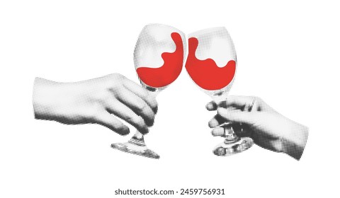 Two hands holding red wine glasses halftone art collage. Toast, cheers Cutout magazine shapes, modern retro, grunge punk festive design. Vector illustration isolated on transparent background