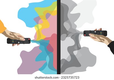 Two hands holding remote control  in front of the tv and different colors goes out of it 