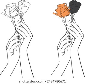 Dos manos sosteniendo dos rosas con espinas - Blanco y negro aislado - Ilustración vectorial floral en contorno negro y color