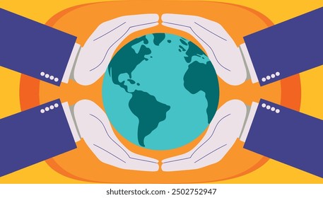 Two hands holding and save earth planet painting, eco-environment friendly save our planet.
