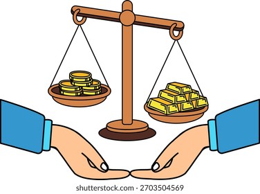 Dos manos están sosteniendo y una balanza con oro y monedas
