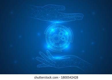 two hands holding security technology abstract background.