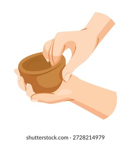 Duas mãos segurando e moldando um copo de cerâmica de barro manualmente, estilo de arte plana em um fundo branco limpo. Conceito de artesanato em cerâmica. Ilustração vetorial