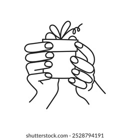 Two Hands Holding Small Birthday Present. Line art gesture with gift box. Outline vector illustration. Anniversary Christmas Surprise Doodle Sketch