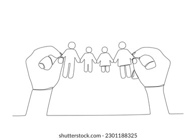 Two hands holding a small human. World population one-line drawing