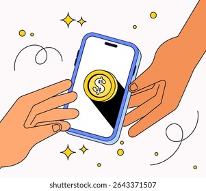 Two hands holding a smart phone with a gold coin symbol and dollar sign on the screen in cartoon illustration for mobile banking, financial technology, or peer-to-peer money transfers