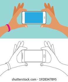 Dos manos sostienen un smartphone con una pantalla en blanco. Manos sosteniendo el teléfono a todo color y silueta de contorno. Elementos de instrucción, comunicación social. Vector de material.
