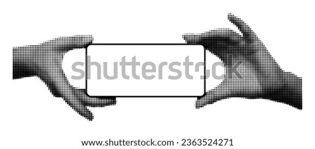 Two hands holding smartphone with blank screen horizontally. Halftone hand gesture, mock up phone template for presentation, sale. Vector illustration isolated on transparent background