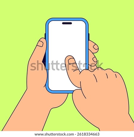 Two hands holding a smartphone with a blank white screen and tapping it with a finger Cartoon illustration vector for technology, mobile app usage, touchscreen interaction, texting, or social media