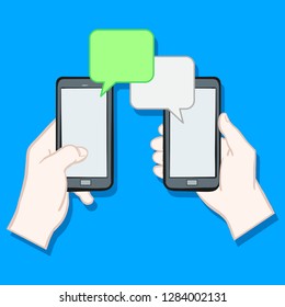 Two hands holding a smartphone in hand and writing each other a text. Speech bubbles for text. SMS, message, communication. Isolated, vector graphics. Gray, green. Blue background.