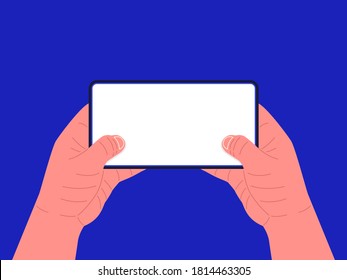 Two hands holding smartphone horizontally. Game concept. Mockup for your text, app. Vector illustration.