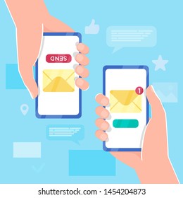 Two Hands holding smartphone with new message notification on screen. Mobile phone alert about new email. Send message, news, image, like, sms. Sharing multimedia, Vector cartoon design isolated