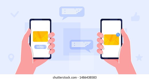 Two Hands Holding Smartphone With New Message Notification On Screen. Mobile Phone Alert About New Email. Send Message, News, Image, Like, Sms. Sharing Multimedia, Vector Cartoon Design Isolated