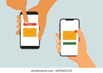 Two hands holding a smartphone with new message sending and new message notification on the screen. The phone gives an alert about new email.