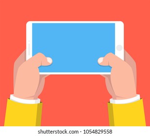 Two hands holding smartphone and touching screen. Vector illustration.