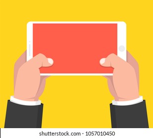 Two hands holding smartphone and touching screen. Vector illustration.