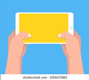 Two hands holding smartphone and touching screen. Vector illustration.