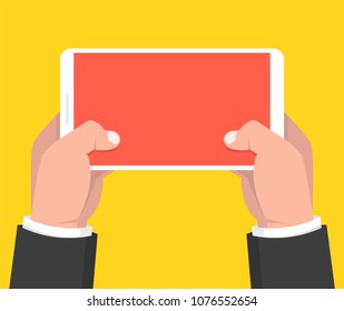 Two hands holding smartphone and touching screen. Vector illustration.