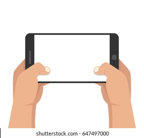 Two hands holding smartphone and touching screen. Flat vector illustration.