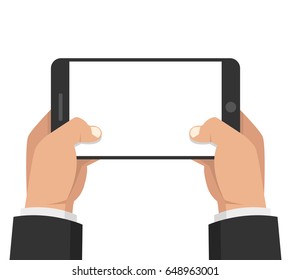 Two hands holding smartphone and touching screen. Flat vector illustration.