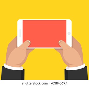 Two hands holding smartphone and touching screen. Flat vector illustration.