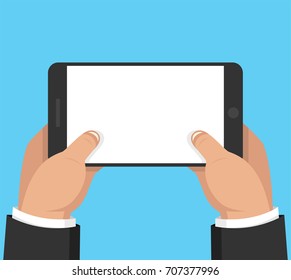 Two hands holding smartphone and touching screen. Flat vector illustration.