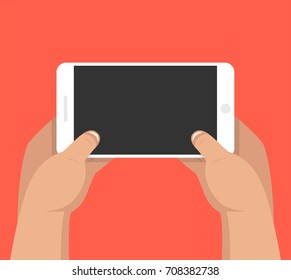 Two hands holding smartphone and touching screen. Flat vector illustration.
