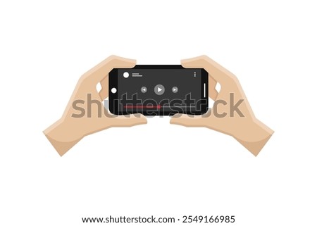 two hands holding smartphone watching video on screen