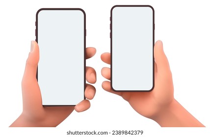 Two hands holding a smartphone with a white screen on a white background