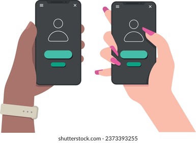 Two hands holding smartphones: a hand with pink nails and a hand with smartwatch. Vector illustration.