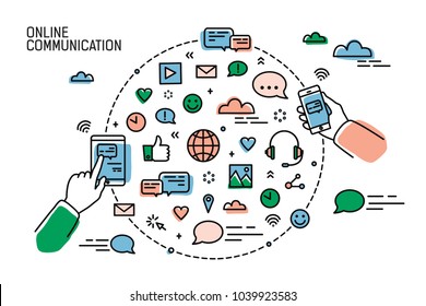 Two hands holding smartphones and symbols of social media, internet networks, chatting and instant messaging arranged in round shape. Online communication. Vector illustration in line art style.