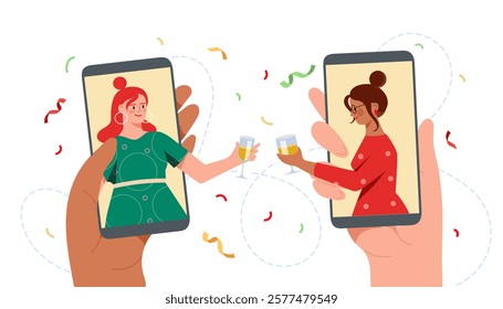 Two hands holding smartphones with women on screens clinking glasses virtually, colorful confetti, white background. Concept of online celebration. Vector illustration