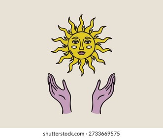 Dos manos que sostienen el sol sonriente con la cara, encanto celestial caliente, dibujado a mano. Ilustración vectorial.