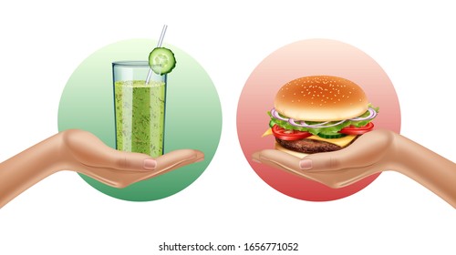 Two hands holding smoothie glass and hamburger. Choise. Opposition. Healthy lifestyle concept. Realistic illustration