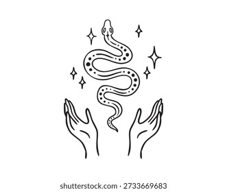 Duas mãos segurando uma cobra com brilhos, linha monocromática arte estilo mão desenhada. Ilustração vetorial.