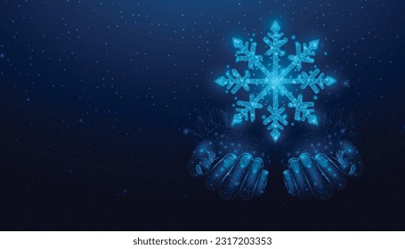 Two hands are holding a snowflake. Wireframe glowing low poly design on a blue background. Abstract futuristic vector illustration.