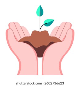 Two hands holding soil with a young plant, symbolizing care, sustainability, and eco-conscious responsibility in a vector illustration.