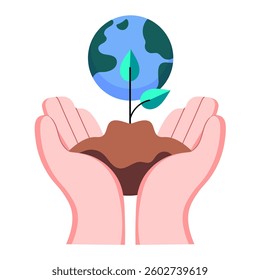 Two hands holding soil with a young plant and Earth, symbolizing sustainability, conservation, and climate action in a vector illustration.