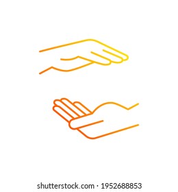 Two hands holding something gradient linear vector icon. Free space for the premises of the object. Maternal care. Thin line color symbols. Modern style pictogram. Vector isolated outline drawing