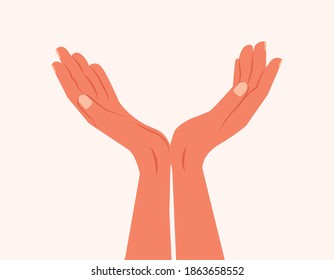 Two hands holding something isolated. Female or male open hands up. Two female hands reaching out for help. Vector illustration. Opening hands and lifting them up for help