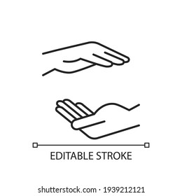 Two hands holding something linear icon. Free space for the premises of the object. Maternal care. Thin line customizable illustration. Contour symbol. Vector isolated outline drawing. Editable stroke