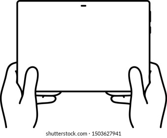 Two hands holding tablet computer. Vector outline icon.