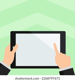 Two hands holding tablet with Critical Announcements. Important information on the screen. Blank space for text. Empty box to presentation. Bright colored background.