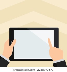 Two hands holding tablet with Critical Announcements. Important information on the screen. Blank space for text. Empty box to presentation. Bright colored background.