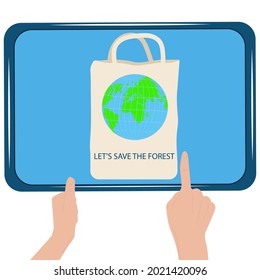 Two hands are holding a tablet. A finger points to a reusable Eco-Friendly Globe Tote. Cotton bag, eco-fabric. Say no to plastic.