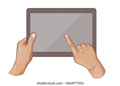 Two hands holding a tablet and index finger making a choice on the screen. Vector illustration of using a device.
