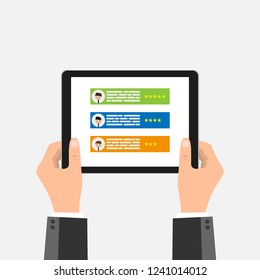 Two hands holding Tablet with Resume on Screen. Job Seeking, Hiring, Human Resources Vector Concept. Flat Style Illustration