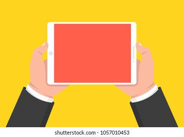 Two hands holding tablet. Vector illustration.