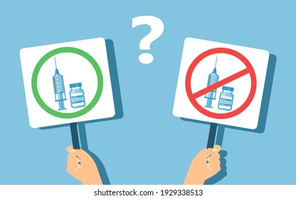 Two hands are holding two tablets with syringe and vaccine vial icons in a green circle and in a forbidding red circle. Choice of Yes or No to vaccination. Vector illustration.