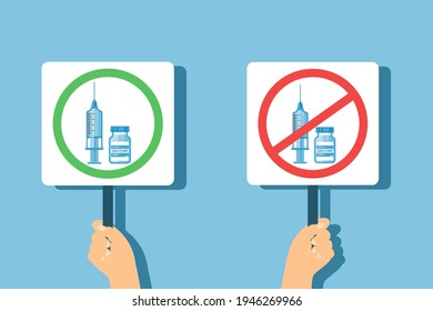 Dos manos sostienen dos comprimidos con los iconos de los viales de la jeringa y la vacuna en un círculo verde y en un círculo rojo prohibido. Elección de Sí o No a la vacunación. Ilustración vectorial.